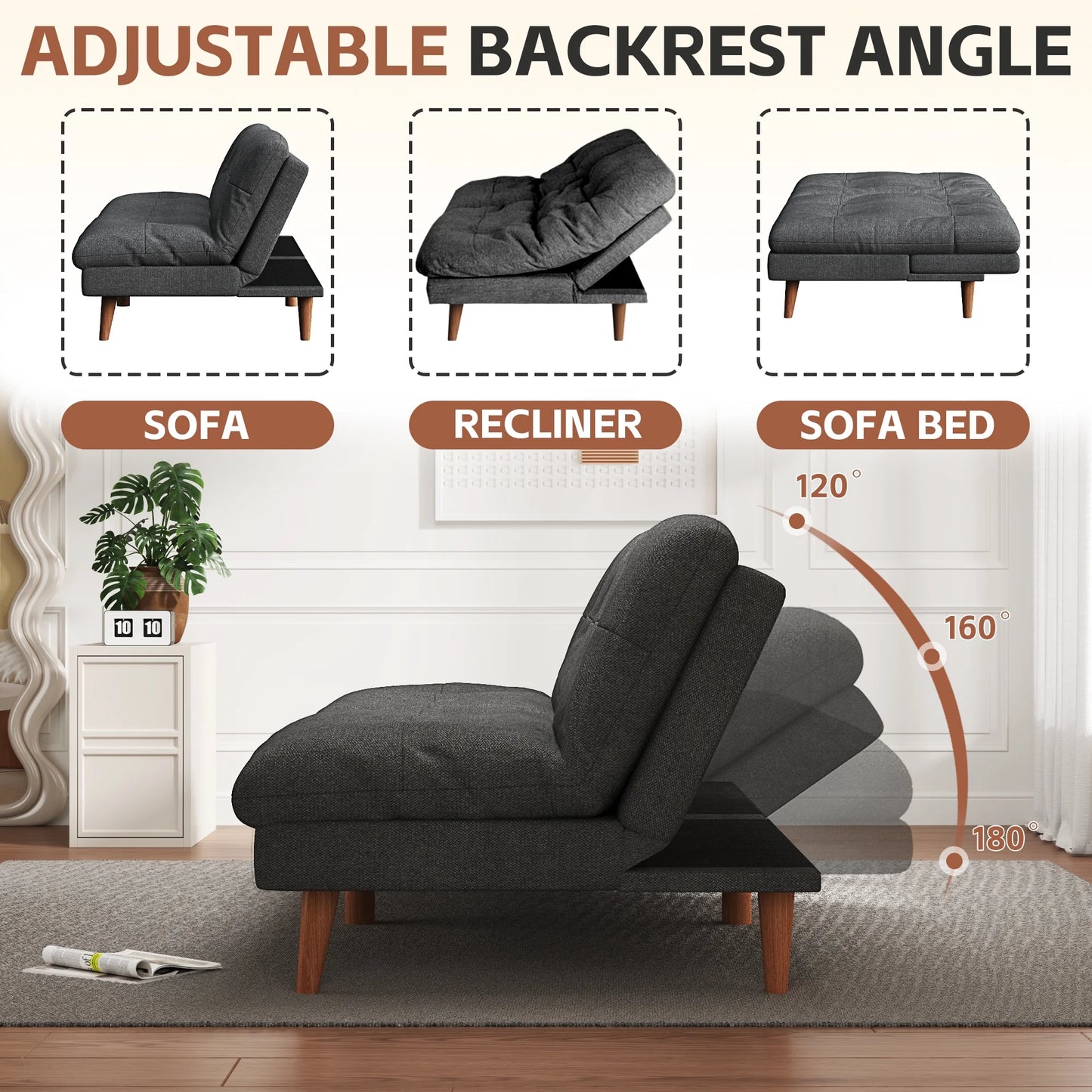 Convertible Futon Sofa Bed Couch Upholstered Sleeper Sofa Angle Adjustable Lounge Sofa,Dark Gray