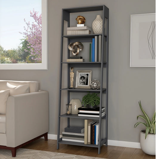 5-Tier Ladder Bookshelf, Leaning Decorative Shelves for Display - Wood Shelf for Living Room, Bathroom, and Kitchen Storage, Gray