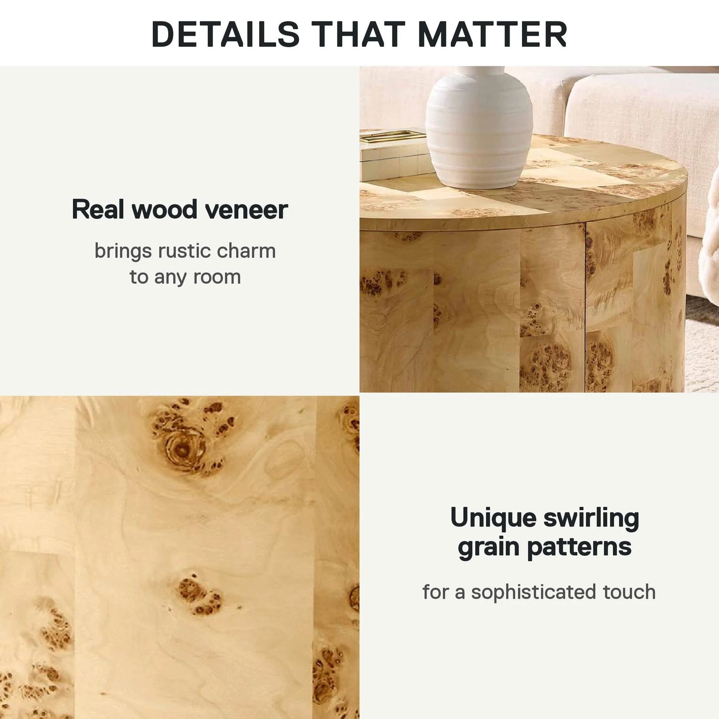 Burlwood round Coffee Table, Light Burl Wood Veneer