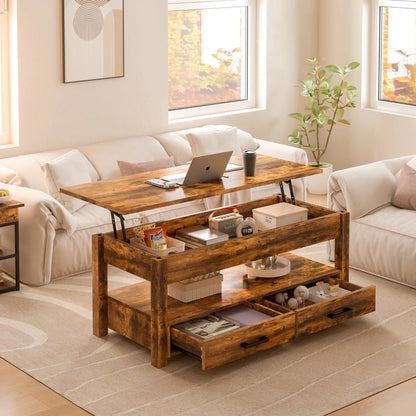 GUNAITO Lift Top Coffee Table with 2 Drawers,Wooden Convertible Coffee Table with Storage for Living Room,Center Table,Brown,42"