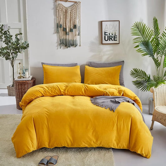 Mustard Yellow Comforter Set Queen Velvet Fluffy Queen Comforter Bedding Set Dark Yellow Bedding Queen Size Sherpa Comforter Winter Warm Flannel Plush Bed Quilt Queen