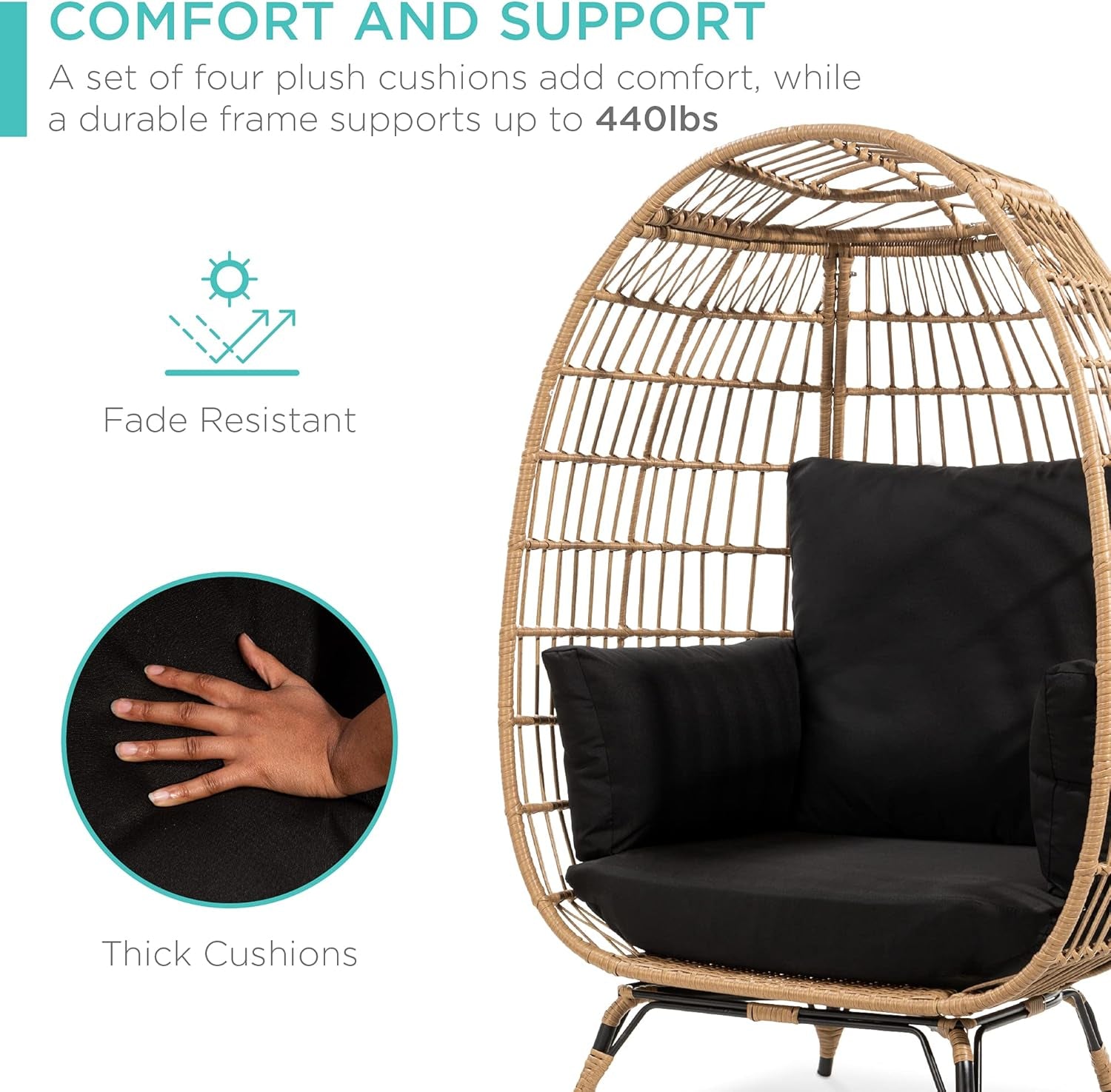 Wicker Egg Chair, Oversized Indoor Outdoor Lounger for Patio, Backyard, Living Room W/ 4 Cushions, Steel Frame, 440Lb Capacity - Black