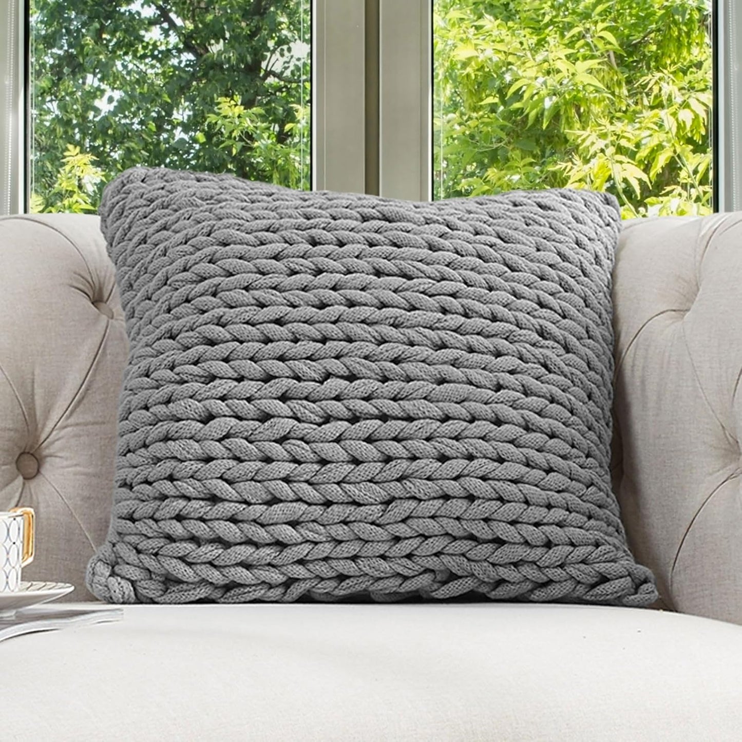 Knit Throw Pillow - Decorative Chunky Knit Pillow for Couch & Bed - Machine Washable - 18" - Gray