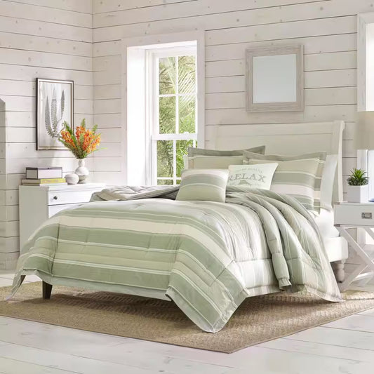 Serenity 5-Piece Green Striped Cotton Queen Comforter Set