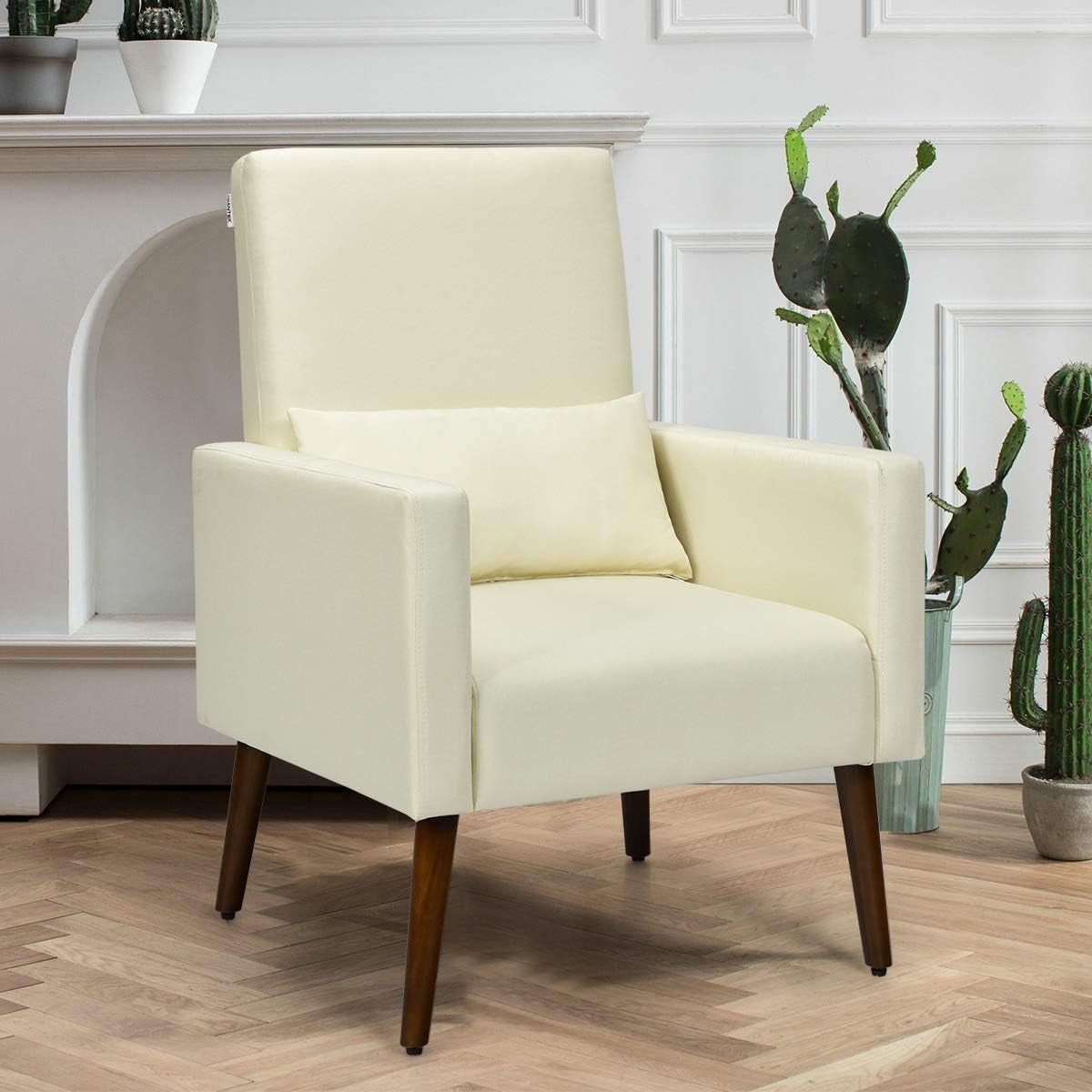 Upholstered Rocking Chair, Modern High Back Armchair, Comfortable Rocker with Fabric Padded Seat, Waist Pillow and Wood Base Accent Chair for Nursery, Living Room, Bedroom, Office, Beige