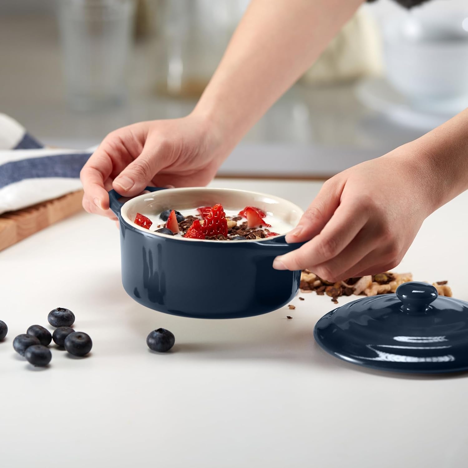 Ceramic Mini Cocotte Set, Small Casserole Dishes with Lids and Handles, Individual Baking Ramekins, Oven, Microwave & Dishwasher Safe, Stoneware, 12 Oz, Set of 4, Navy