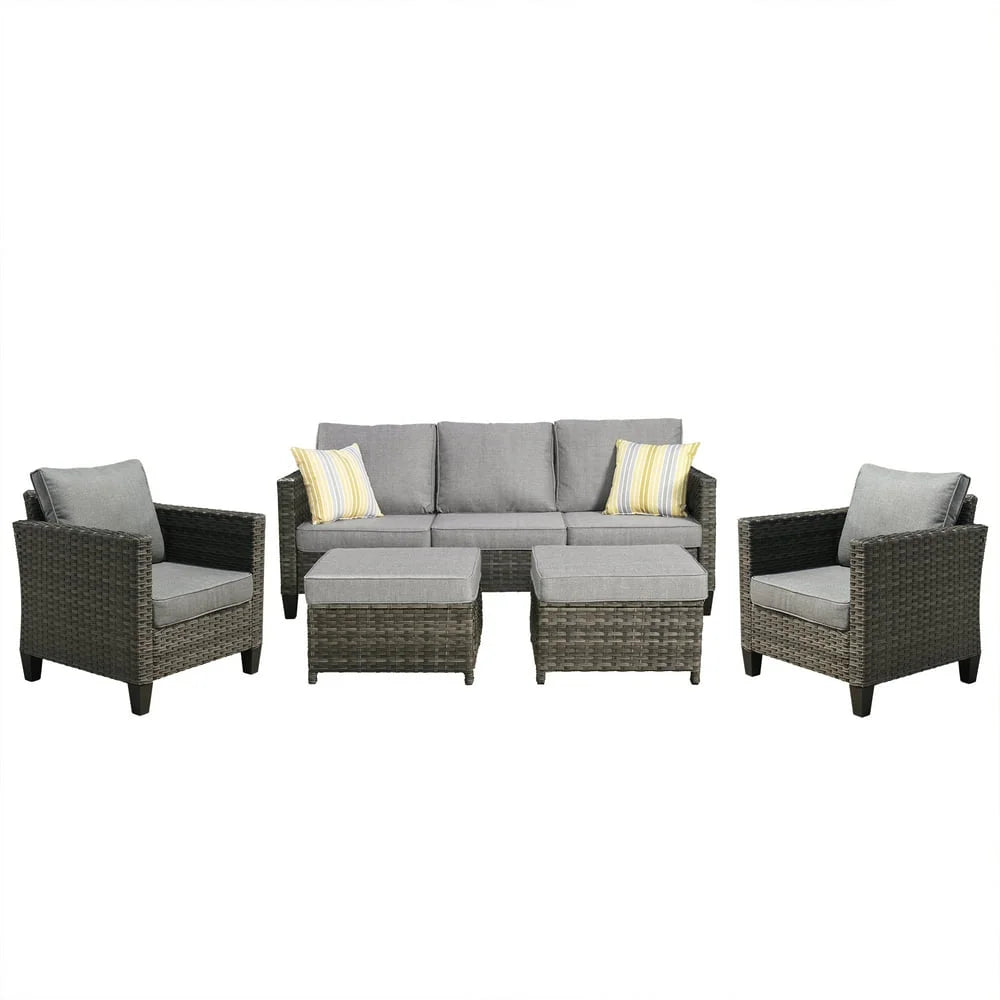 5 Pieces Outdoor Patio Furniture All-Weather Wicker Conversation Set outside Rattan Sectional Sofa with Cushions for Balcony