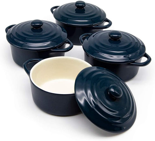 Ceramic Mini Cocotte Set, Small Casserole Dishes with Lids and Handles, Individual Baking Ramekins, Oven, Microwave & Dishwasher Safe, Stoneware, 12 Oz, Set of 4, Navy