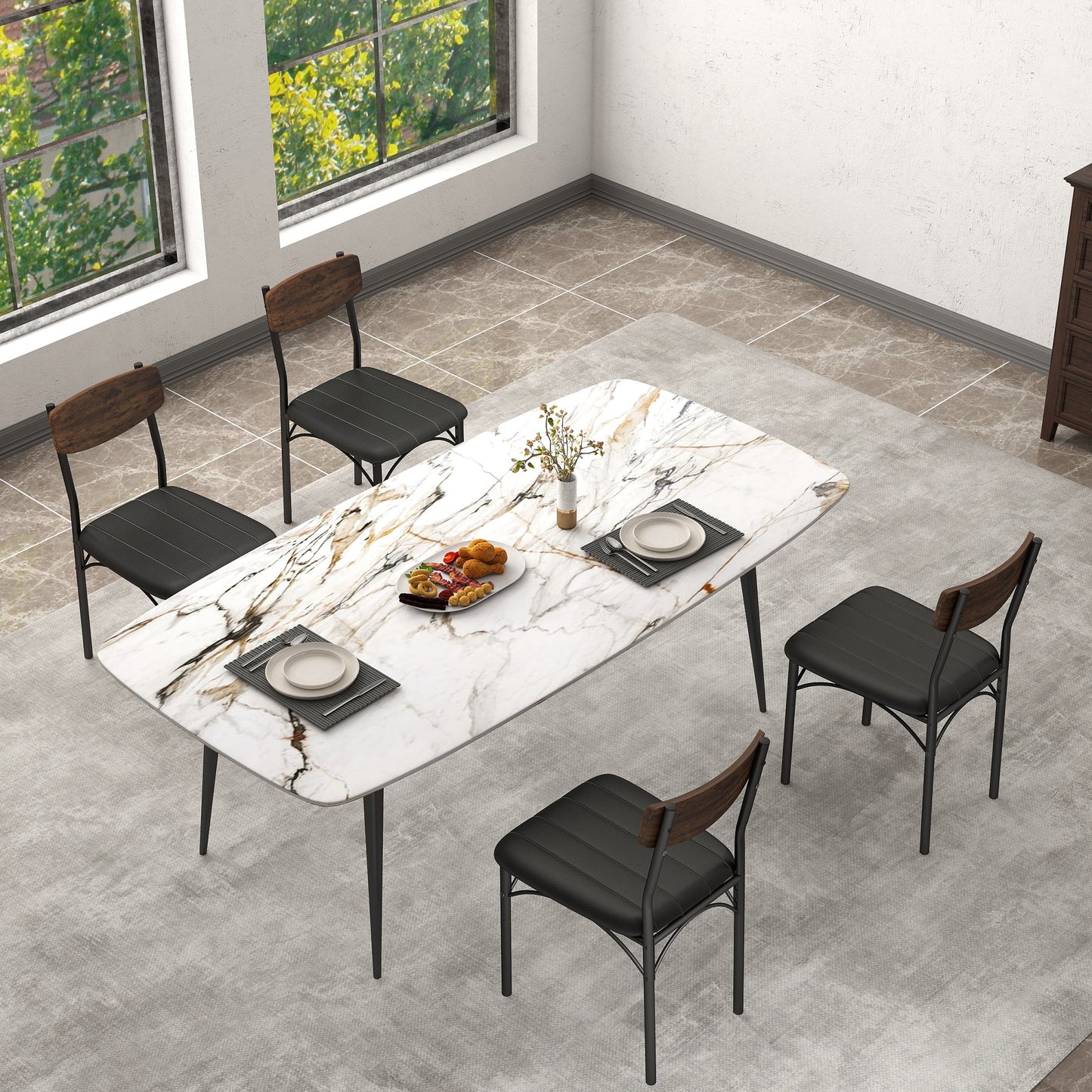 Dining Chair Set of 4, PU Leather Dining Room Chairs, Rustic Kitchen Armless Side Chair with Iron Legs, Walnut