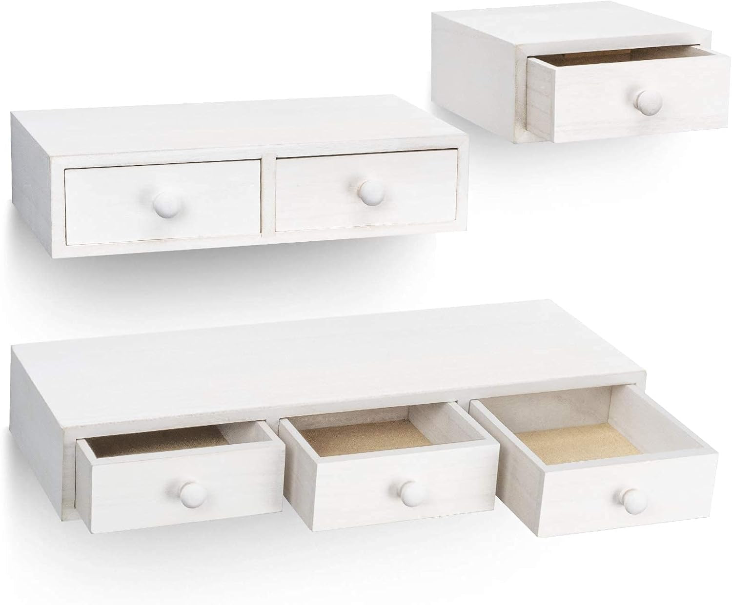 Floating Shelves for Wall Storage, Rustic Wood Floating Drawers Multiuse as Apothecary Cabinet or Floating Nightstand, Farmhouse Wall Shelves for Bedroom (Set of 3, White)