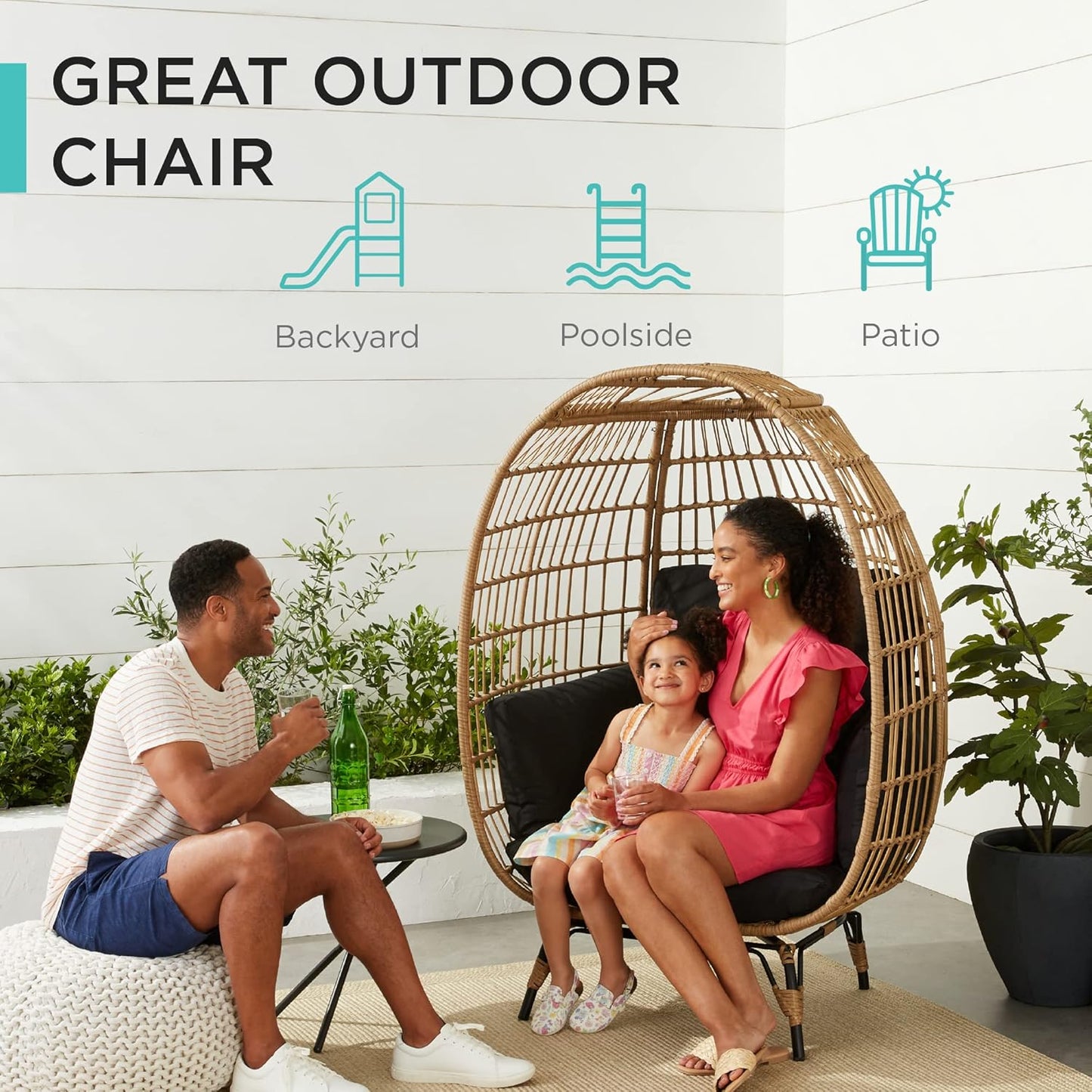 Wicker Egg Chair, Oversized Indoor Outdoor Lounger for Patio, Backyard, Living Room W/ 4 Cushions, Steel Frame, 440Lb Capacity - Black