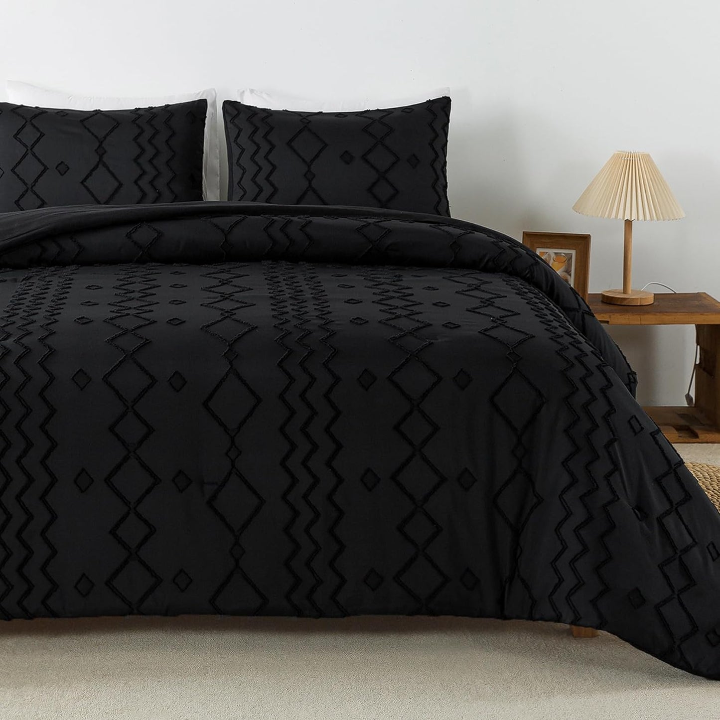 Black Tufted Comforter Set Queen(90X90Inch), 3 Pieces(1 Tufts Comforter, 2 Pillowcases) Boho Textured Farmhouse Bed Set, Microfiber down Alternative Geometric Bedding
