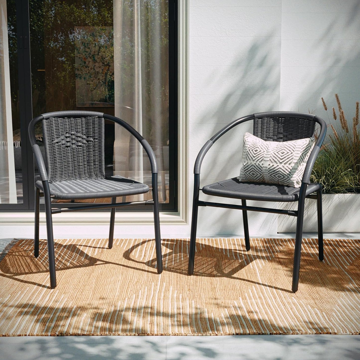 Set of 2 Modern Rattan Indoor/Outdoor Stack Chairs, Stacking Rattan Patio Chairs with Curved Back and Cross Bracing, Gray