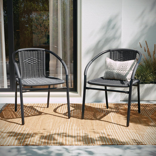 Set of 2 Modern Rattan Indoor/Outdoor Stack Chairs, Stacking Rattan Patio Chairs with Curved Back and Cross Bracing, Gray