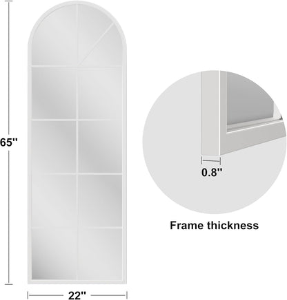 Full Length Arched Floor Mirror, 65"X22" Window Pane Design, Decorative Hanging or Leaning, Full Body with Iron Frame for Bedroom Living Room (White)