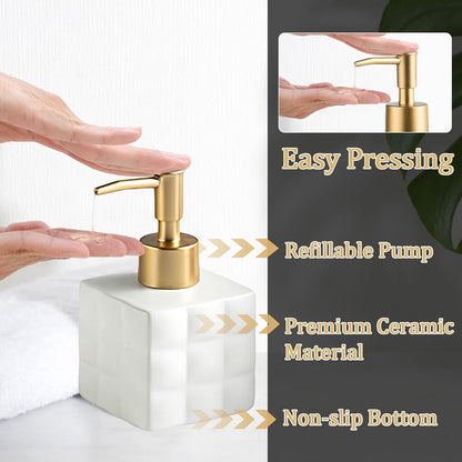 Hand Soap Dispenser Dish Cube Soap Dispenser Countertop 7.44 FL OZ. /220 ML Hand Lotion Pump Bottle Ceramic Lotion Container Liquid Hand Soap Jar Shower Dispenser Kitchen Bathroom Décor (White)