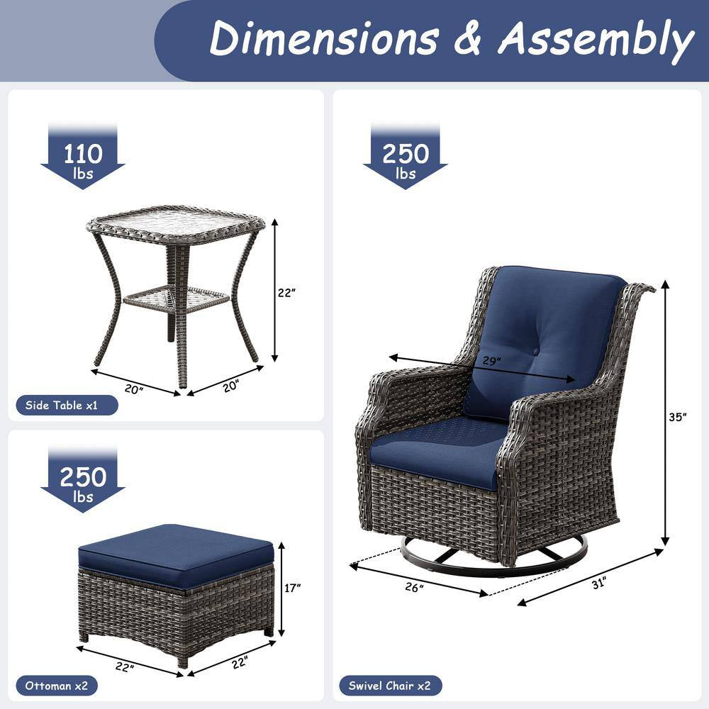5-Piece Wicker Outdoor Patio Conversation Set with Swivel Rocking Chair, Side Table, Ottomans and Blue Cushions