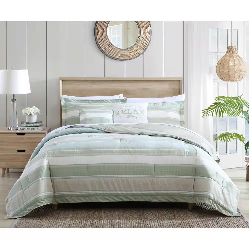 Serenity 5-Piece Green Striped Cotton Queen Comforter Set