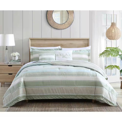 Serenity 5-Piece Green Striped Cotton Queen Comforter Set