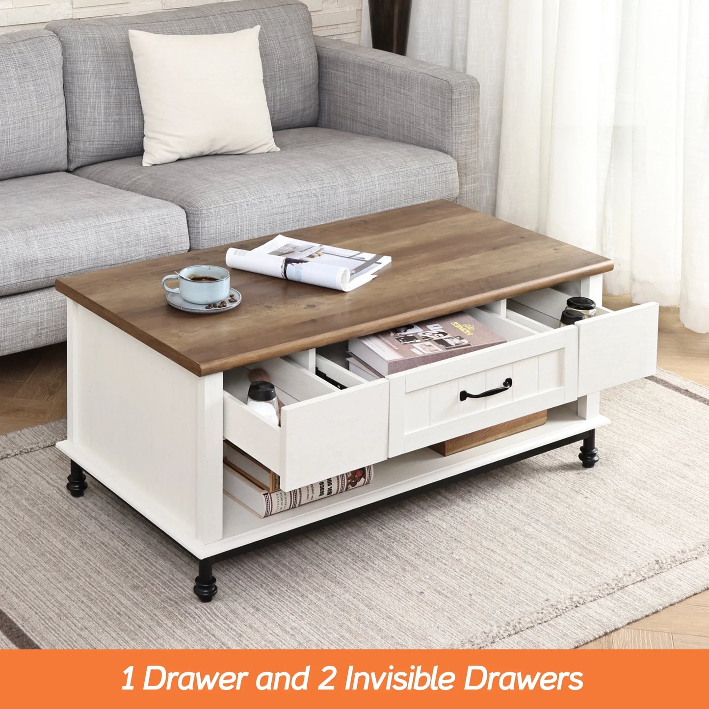 White Coffee Table with Storage Farmhouse Sofa Tea Table