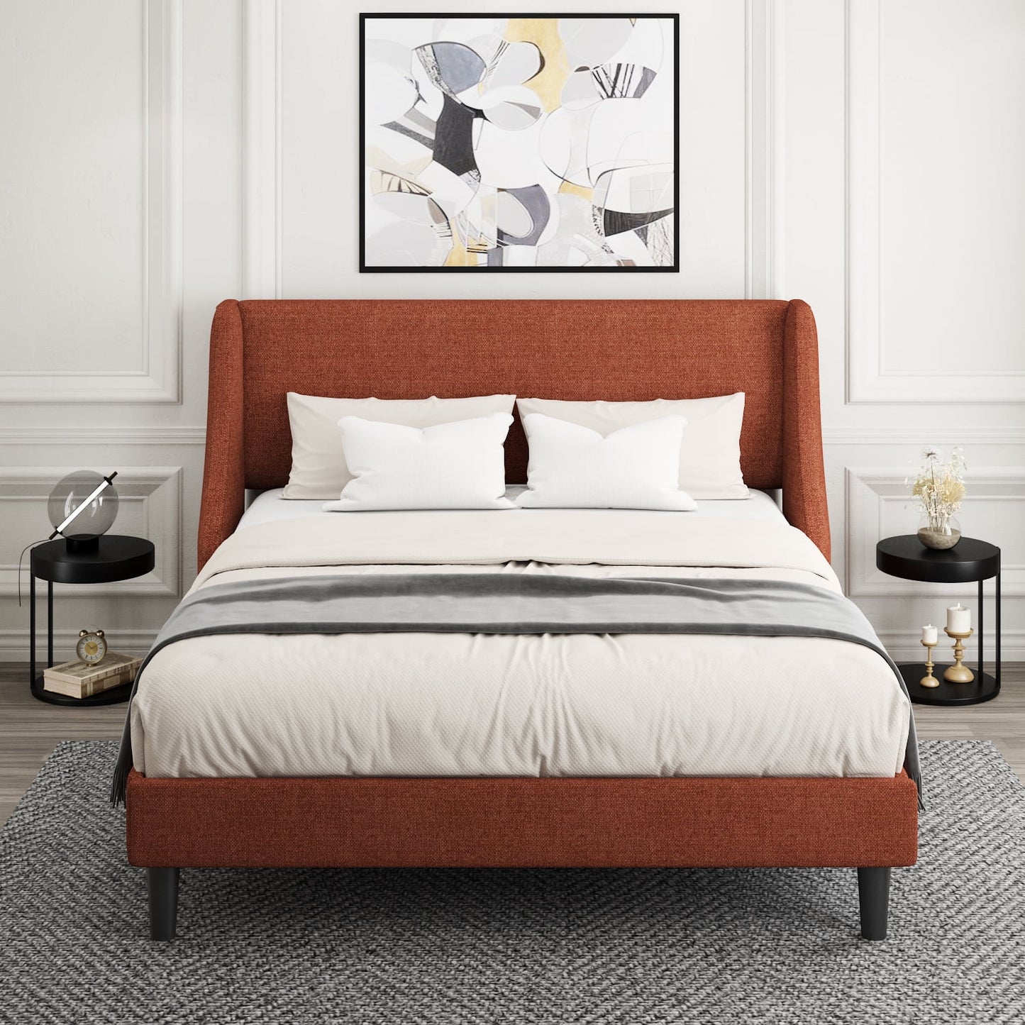 Queen Size Modern Platform Upholstered Bed Frame with Deluxe Wingback,Burnt Orange