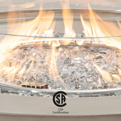 Outdoor Propane Fire Pit Coffee Table W Gray 42 Inch round Base Patio Heater, CSA Certified, 50,000 BTU Stainless Steel Burner, Wind Guard, Transparent Gray Fire Glass, Rain Cover