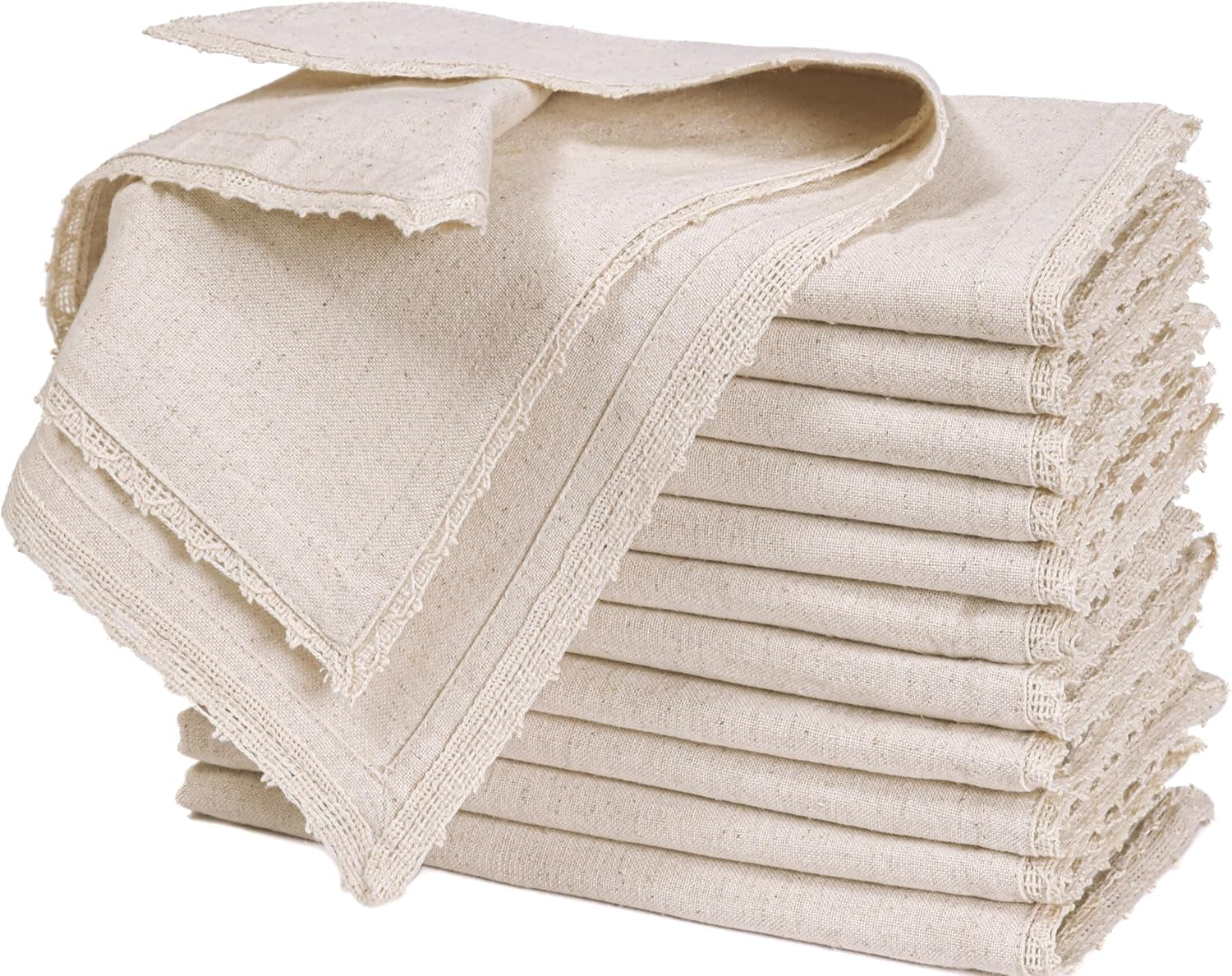 Cloth Dinner Napkins Linen Flax Cotton 18X18 Inch with Lace Set of 12, Natural Mitered Corners Perfect for Wedding Mashine Washable Reusable Napkins Dinner, Parties and Table Decorations