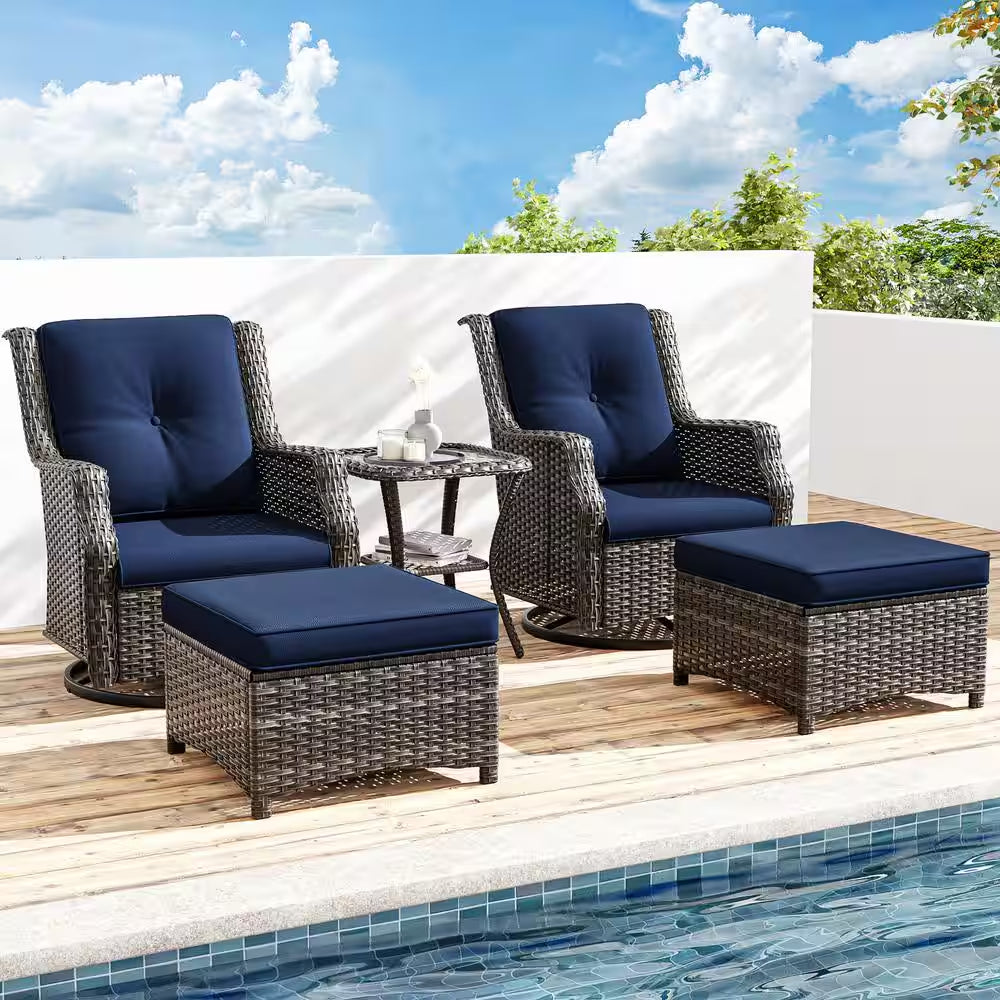 5-Piece Wicker Outdoor Patio Conversation Set with Swivel Rocking Chair, Side Table, Ottomans and Blue Cushions
