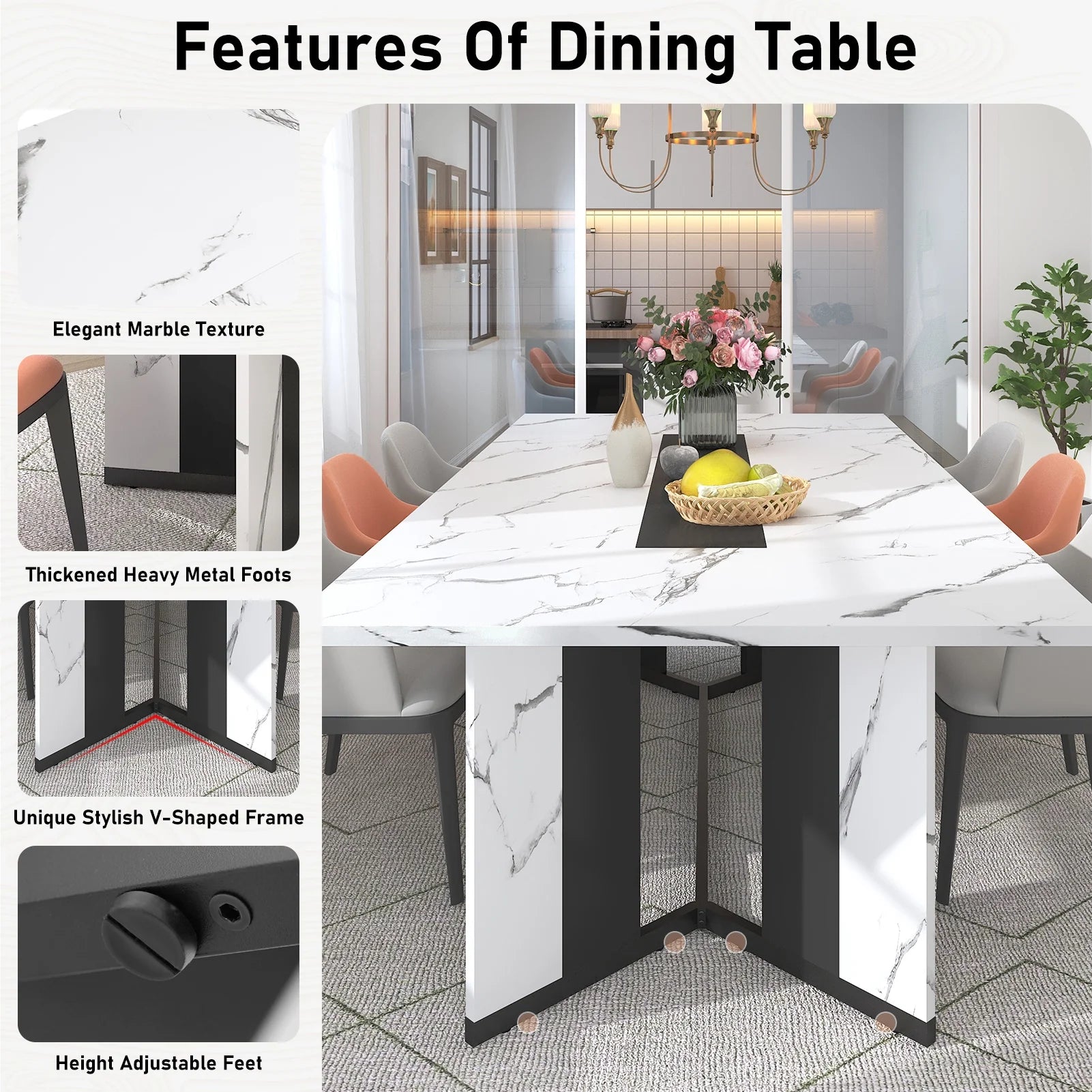 78 Inch Large Rectangular Dining Table for 8-10 People, Dining Table with Marble-Color Wood Waterproof Tabletop and Adjustable Leg, 6.5Ft Luxurious Family Dinner Table for Office Kitchen Living Room