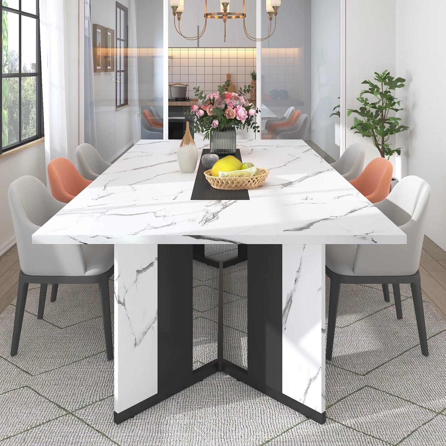 78 Inch Large Rectangular Dining Table for 8-10 People, Dining Table with Marble-Color Wood Waterproof Tabletop and Adjustable Leg, 6.5Ft Luxurious Family Dinner Table for Office Kitchen Living Room