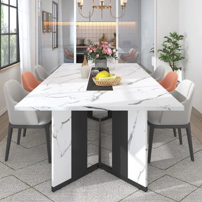 78 Inch Large Rectangular Dining Table for 8-10 People, Dining Table with Marble-Color Wood Waterproof Tabletop and Adjustable Leg, 6.5Ft Luxurious Family Dinner Table for Office Kitchen Living Room