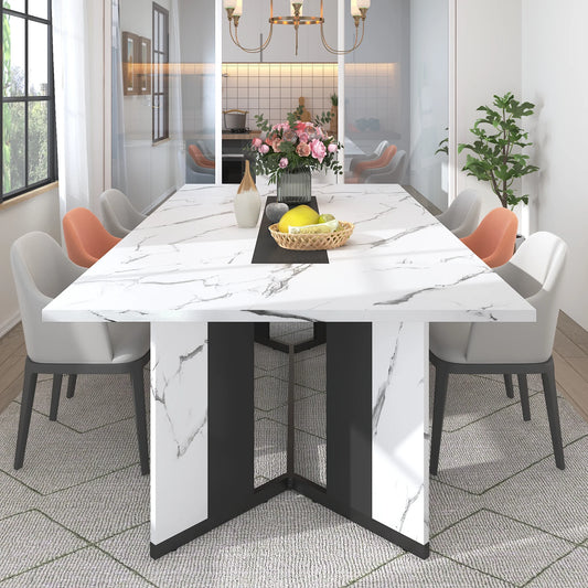 78 Inch Large Rectangular Dining Table for 8-10 People, Dining Table with Marble-Color Wood Waterproof Tabletop and Adjustable Leg, 6.5Ft Luxurious Family Dinner Table for Office Kitchen Living Room