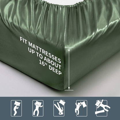 6 Pieces King Satin Sheets Luxury Silky Woodland Green Satin Bedding Sheet Set, 1 Deep Pocket Fitted Sheet + 1 Flat Sheet + 4 Pillow Cases