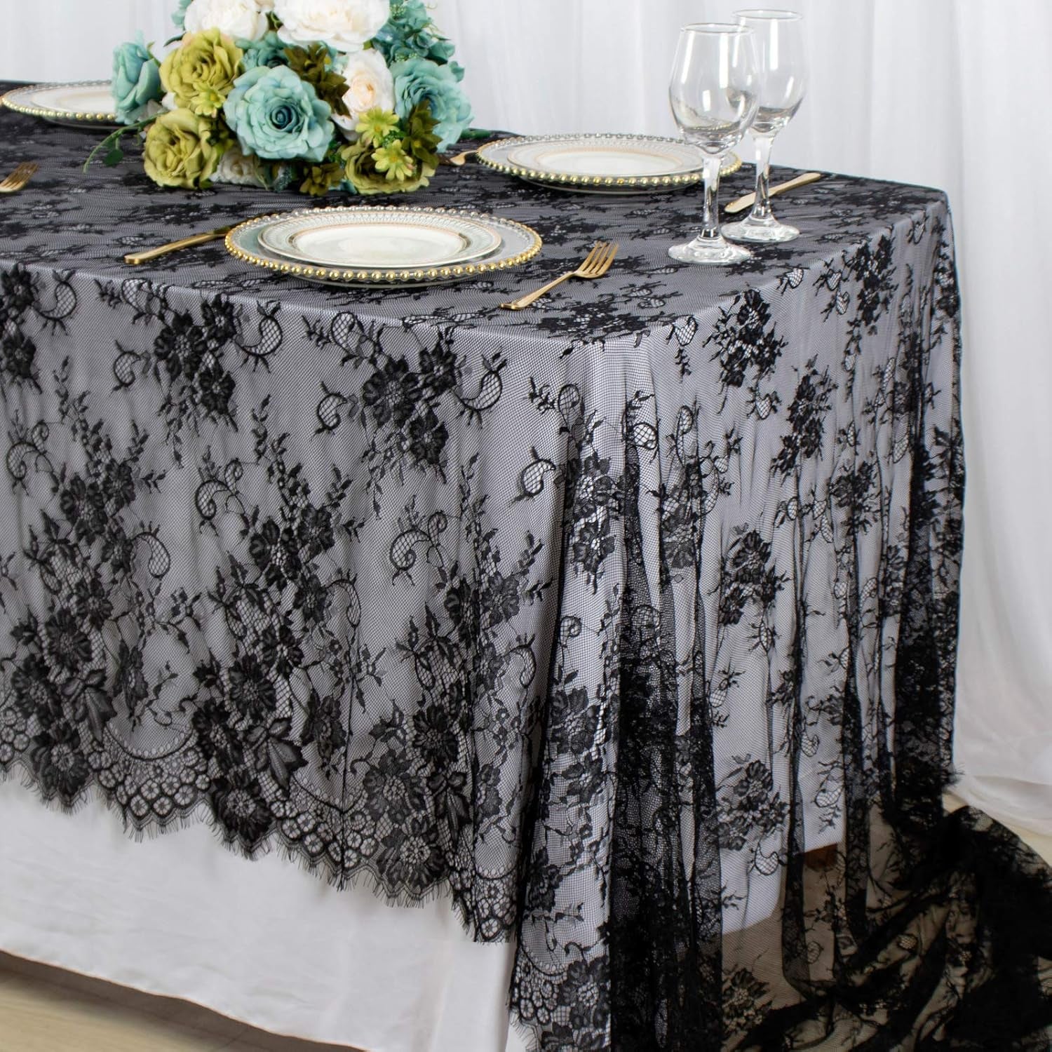 Shinybeauty Lace Tablecloth Black 60X120 Inch Vintage Floral Lace Table Cloth Em