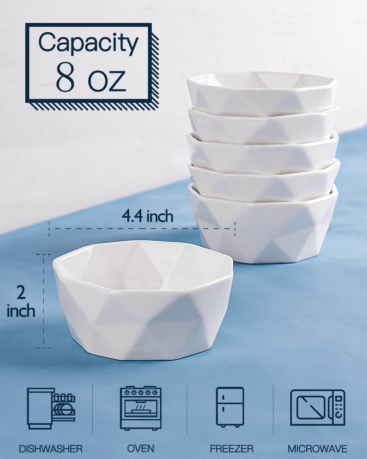 Ramekins 8 Oz, Creme Brulee Ramekins, Porcelain Ramekins Oven Safe, Geometric Style Ramekins for Baking Souffle, Ice Cream, Snack, Charcuterie Bowls, Set of 6, White