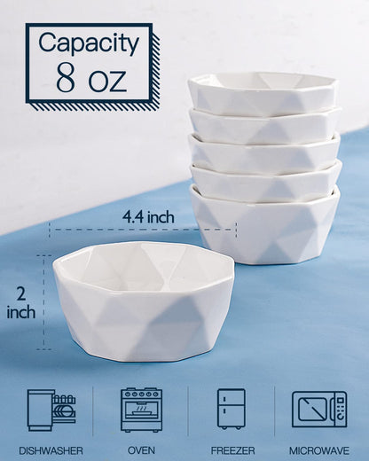 Ramekins 8 Oz, Creme Brulee Ramekins, Porcelain Ramekins Oven Safe, Geometric Style Ramekins for Baking Souffle, Ice Cream, Snack, Charcuterie Bowls, Set of 6, White