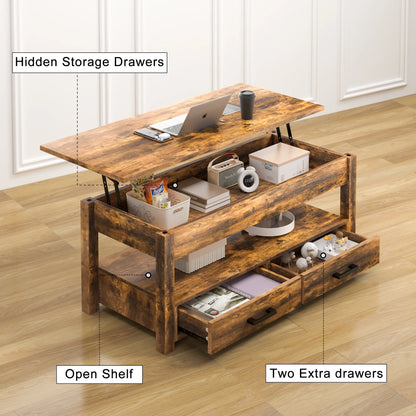 GUNAITO Lift Top Coffee Table with 2 Drawers,Wooden Convertible Coffee Table with Storage for Living Room,Center Table,Brown,42"