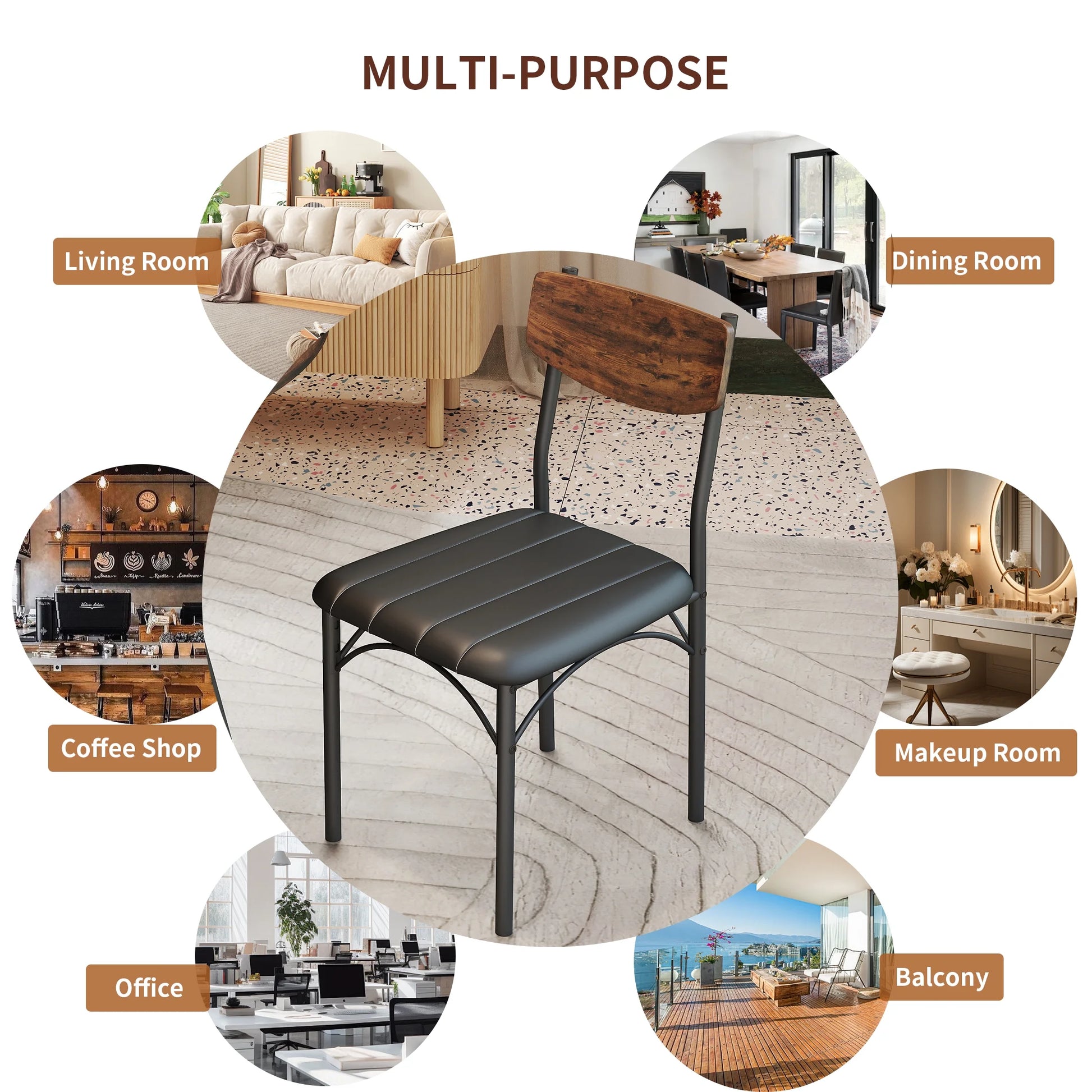 Dining Chair Set of 4, PU Leather Dining Room Chairs, Rustic Kitchen Armless Side Chair with Iron Legs, Walnut