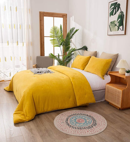 Mustard Yellow Comforter Set Queen Velvet Fluffy Queen Comforter Bedding Set Dark Yellow Bedding Queen Size Sherpa Comforter Winter Warm Flannel Plush Bed Quilt Queen