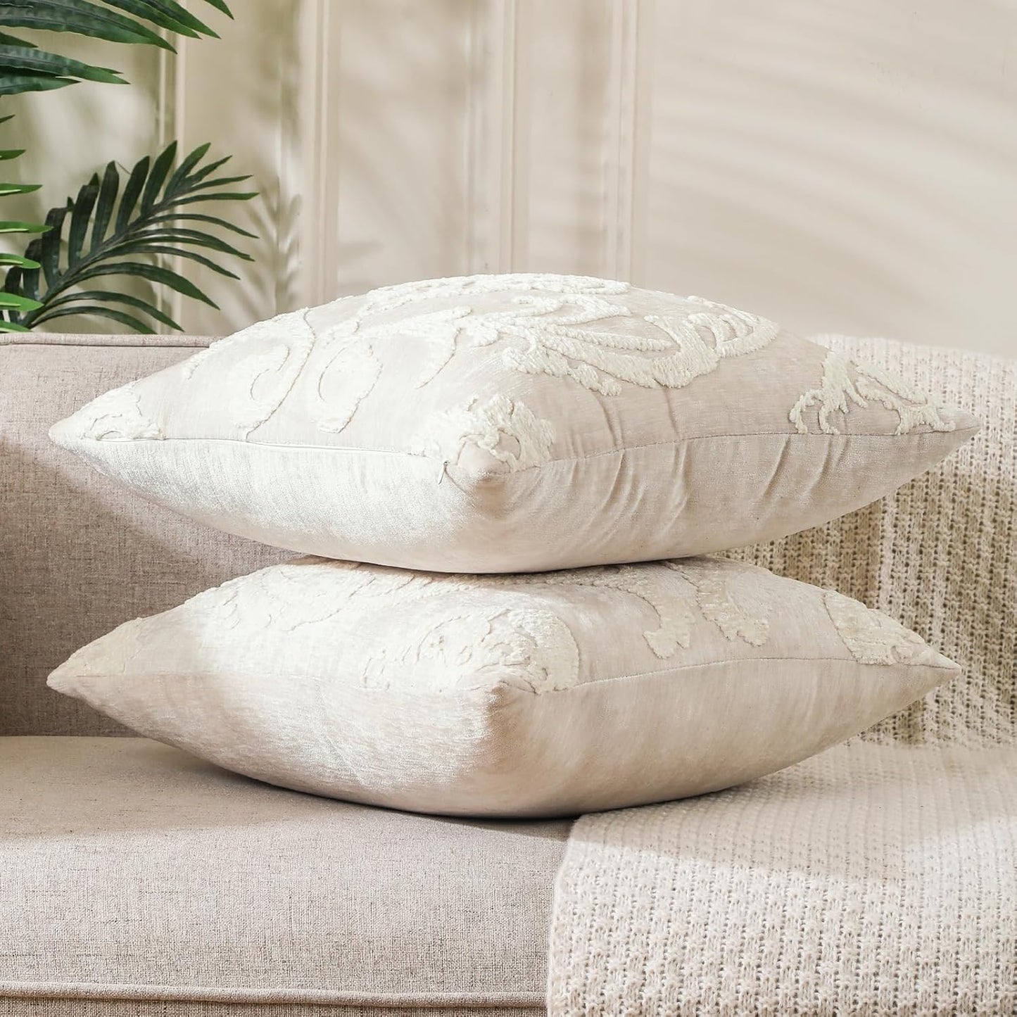 Embroidered Boho Throw Pillow Covers 18X18 Inch, Set of 2 Emroidery Accent Couch Pillows for Living Room, Bedroom, Sofa, Chair, Beige