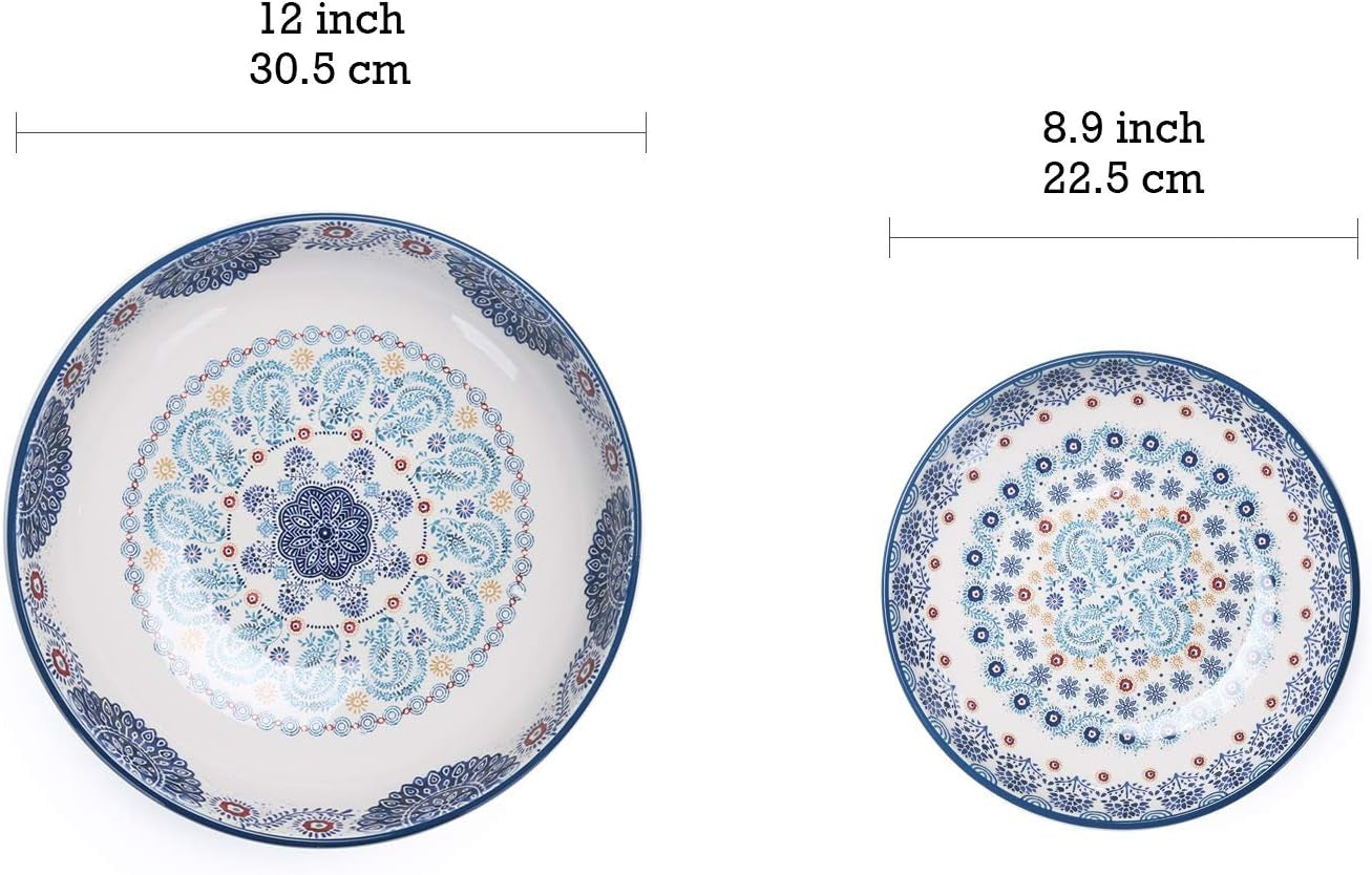 Blue Talavera Ceramic Pasta Bowl, Set of 5(1 Unit 214Oz, 4 Units 35Oz), for Pasta, Salad, Microwave & Dishwasher Safe, House Warming Gift