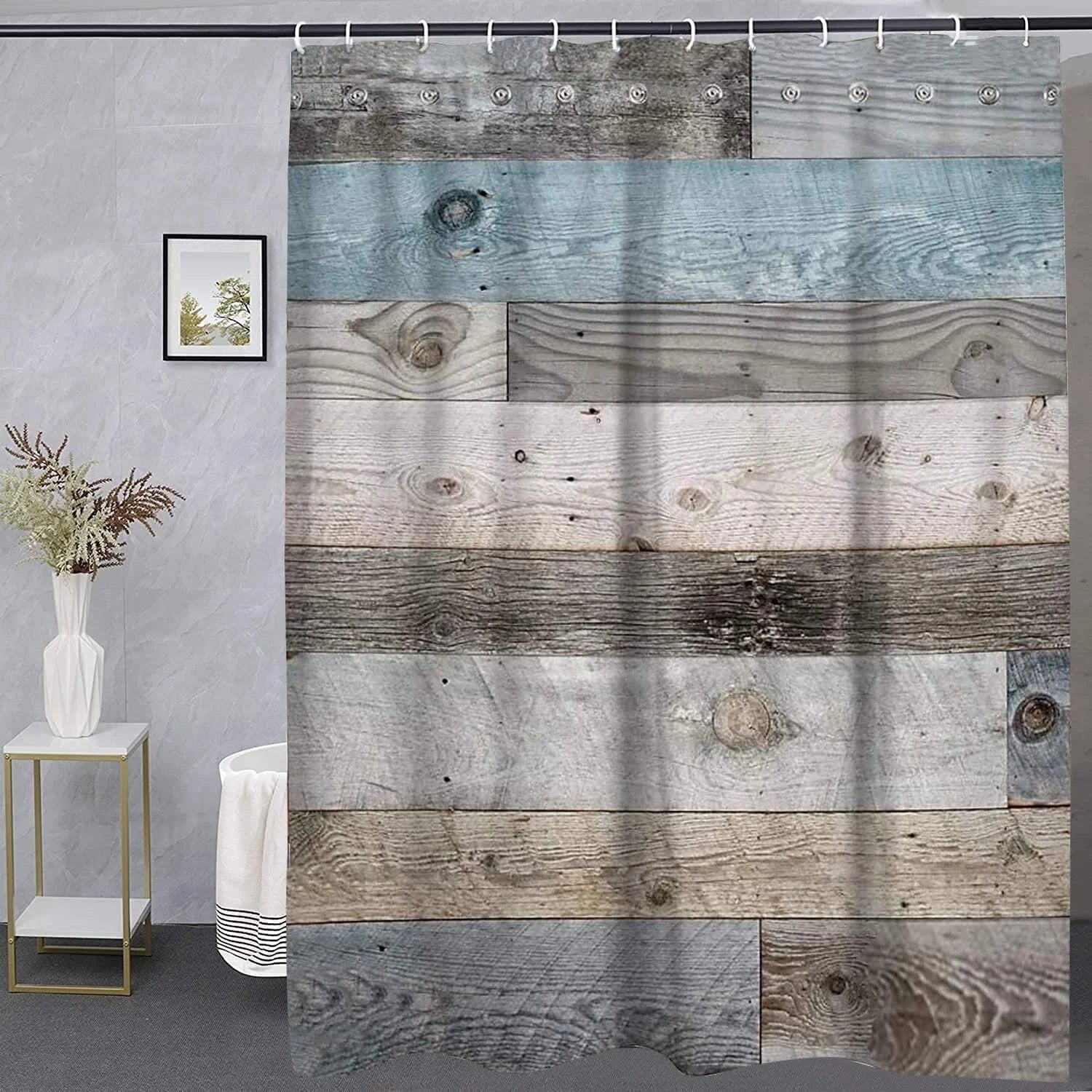 Rustic Shower Curtain,Blue Fabric Shower Curtain for Bathroom,Farmhouse Shower Curtain,Blue Grey Wood Barn Door Country Shower Curtain,60X71In