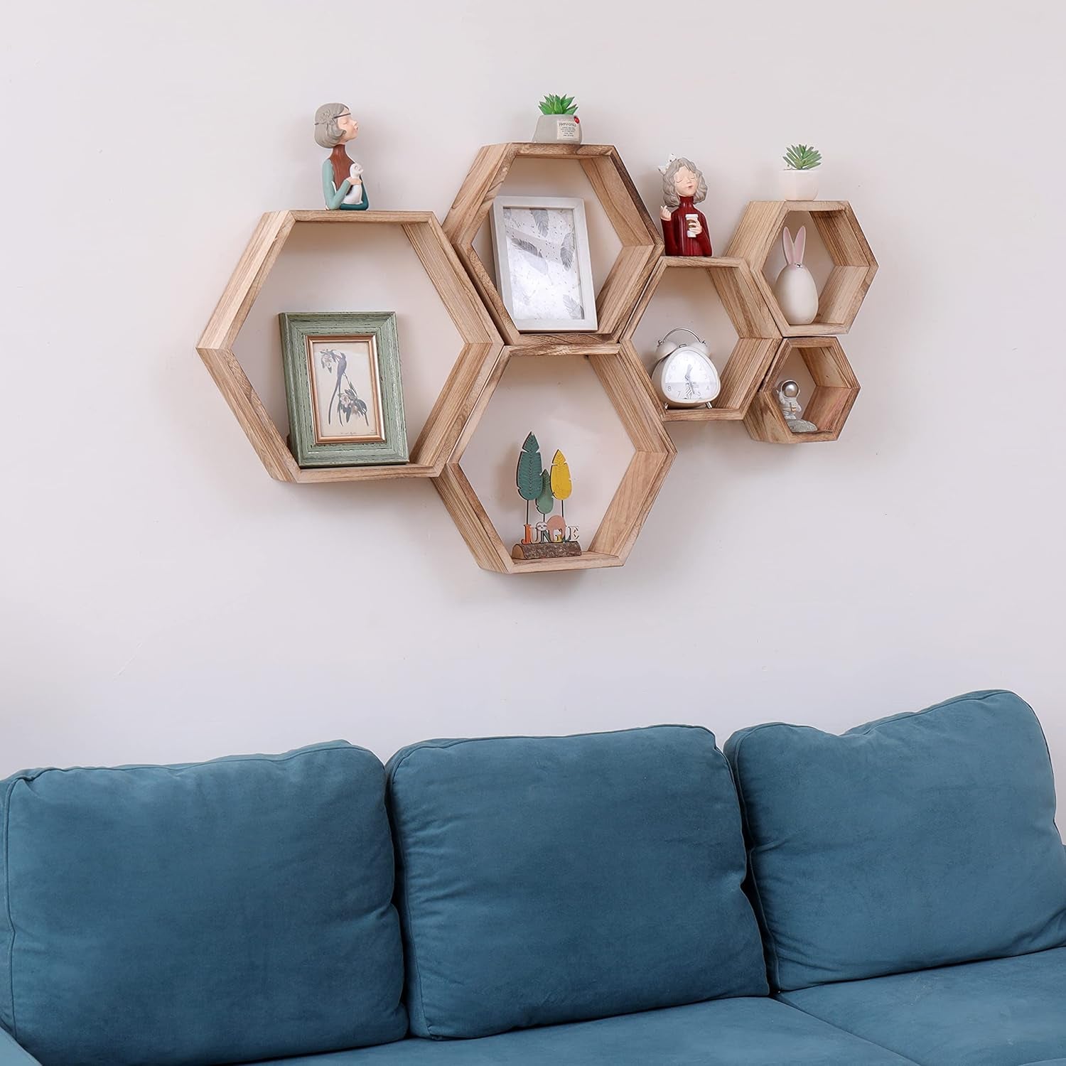 Hexagon Floating Shelves Wall Mounted Wood Farmhouse Storage Honeycomb Wall Shelf Set of 6, Hexagonal Wall Shelves for Bedroom, Living Room, Office,Screws Anchors Included Rustic Fire Roast