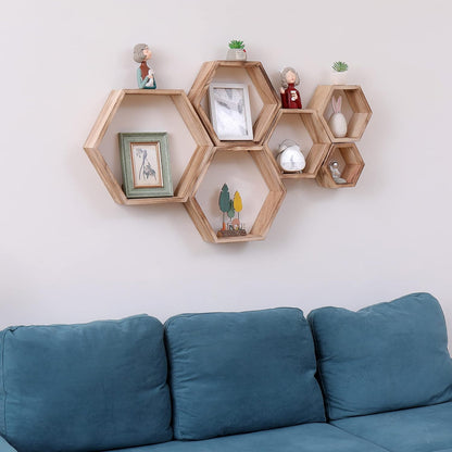Hexagon Floating Shelves Wall Mounted Wood Farmhouse Storage Honeycomb Wall Shelf Set of 6, Hexagonal Wall Shelves for Bedroom, Living Room, Office,Screws Anchors Included Rustic Fire Roast