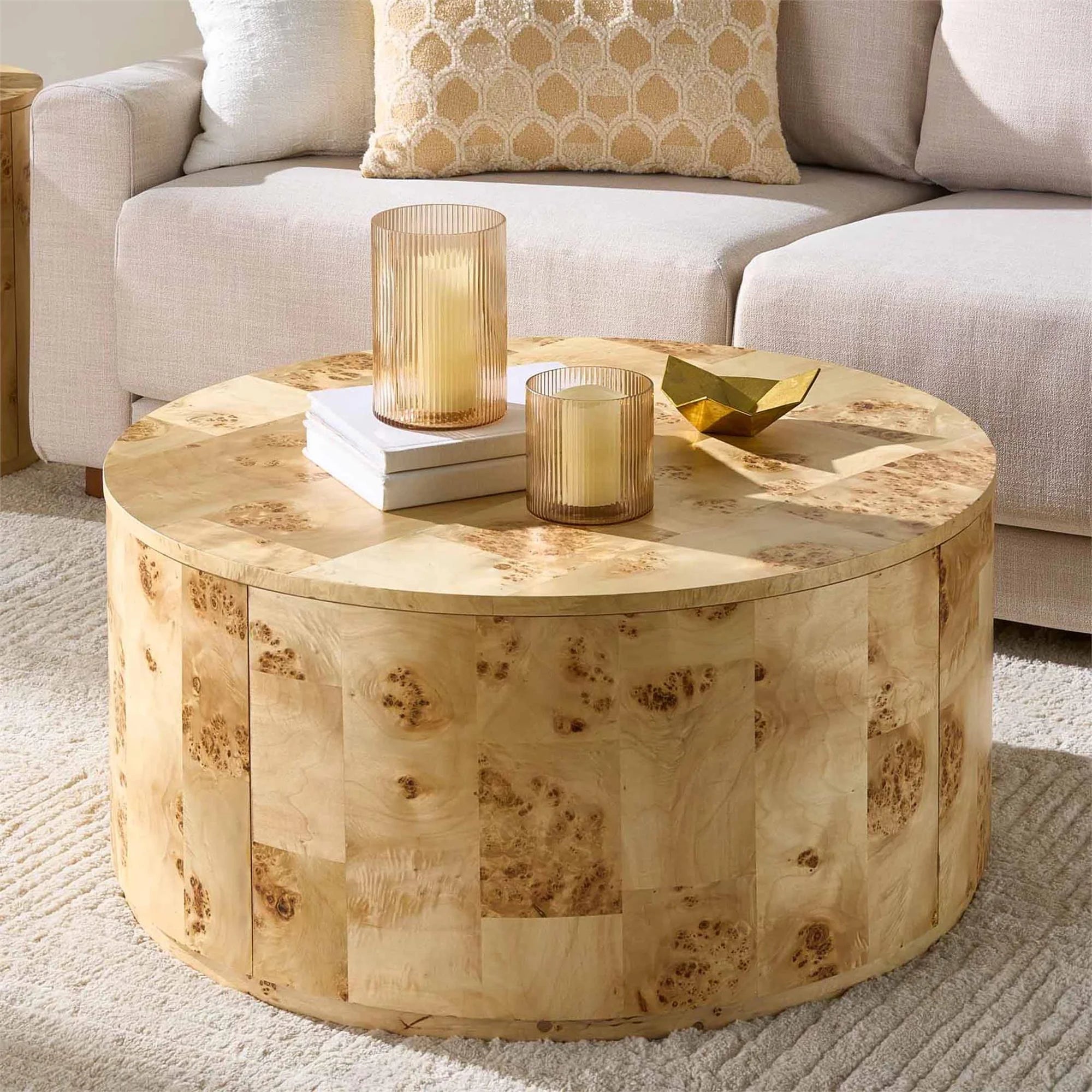 Burlwood round Coffee Table, Light Burl Wood Veneer