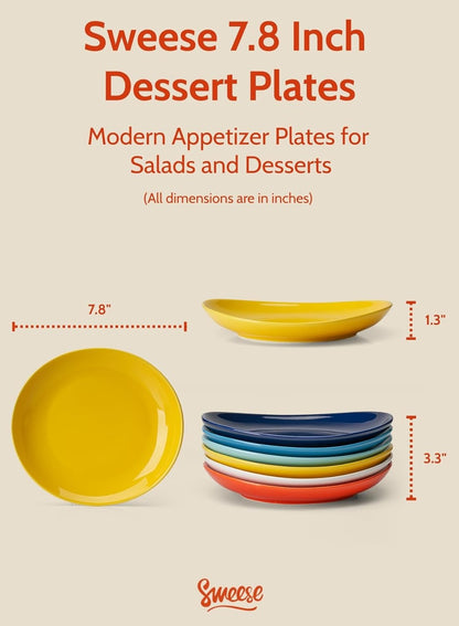 Porcelain Dessert Plates - 7.8 Inch Salad Plates, Small Plates Appetizer Plates Set of 6 - Dishwasher, Microwave, Oven Safe - Rainbow Palette Color