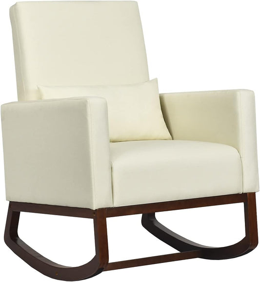 Upholstered Rocking Chair, Modern High Back Armchair, Comfortable Rocker with Fabric Padded Seat, Waist Pillow and Wood Base Accent Chair for Nursery, Living Room, Bedroom, Office, Beige