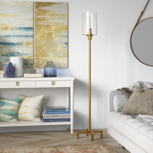 Panos 66.25" Tall Floor Lamp with Glass Shade, Brass/Clear