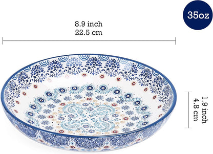 Blue Talavera Ceramic Pasta Bowl, Set of 5(1 Unit 214Oz, 4 Units 35Oz), for Pasta, Salad, Microwave & Dishwasher Safe, House Warming Gift