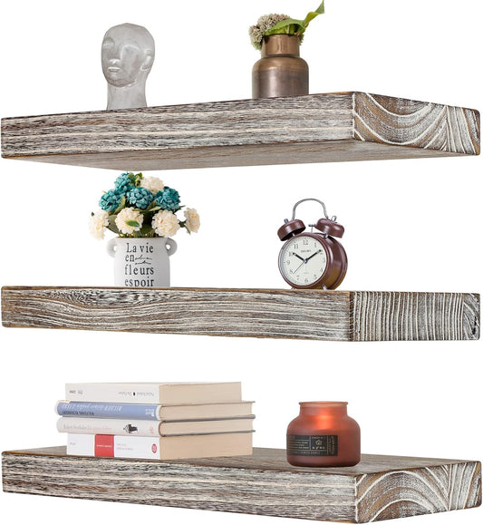 Wood Floating Shelves Wall Mounted 17 Inch, 3 Tier Rustic Wooden Wall Shelves for Bathroom Living Room Bedroom Laundry Kitchen Storage Farmhouse Decor, Set of 3